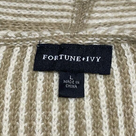 Fortune+Ivy Tan and White Knit Longline Open Front Cardigan - Picture 3 of 6